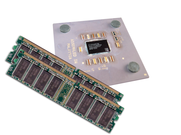 A CPU die and its RAM modules — the host